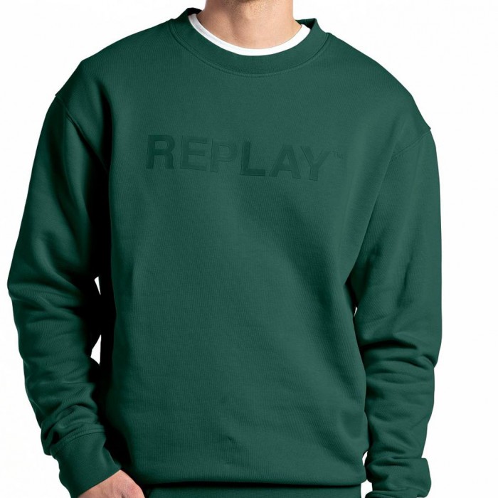 REPLAY ORGANIC COTTON CREWNECK SWEATSHIRT WITH PRINT GREEN