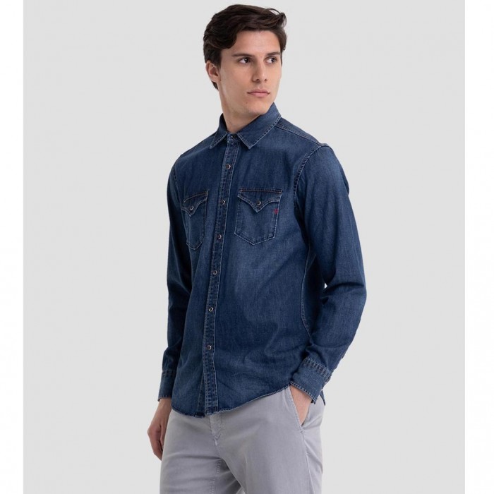 REPLAY AGED ECO DENIM SHIRT WITH POCKETS BLUE
