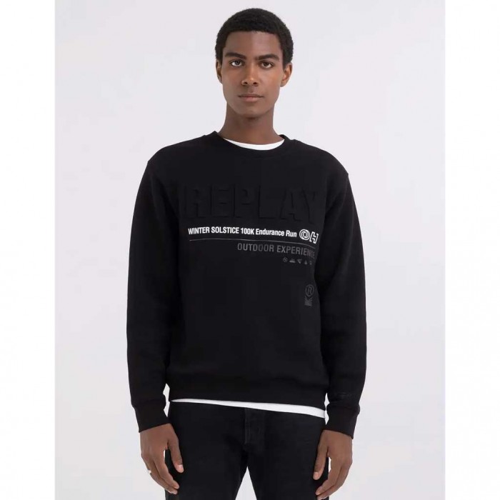 REPLAY CREWNECK SWEATSHIRT WITH OUTDOOR PRINT BLACK