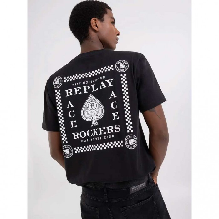 REPLAY T-SHIRT WITH MOTORCYCLE CLUB PRINT BLACK