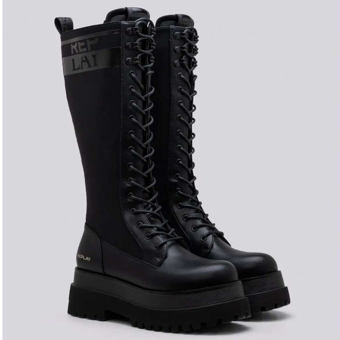 REPLAY ANY HIGH DOUBLE KNEE-HIGH COMBAT BOOTS BLACK