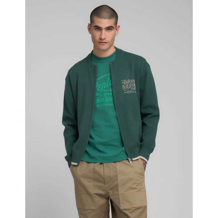 REPLAY FULL-ZIP PULLOVER WITH LETTERING GREEN