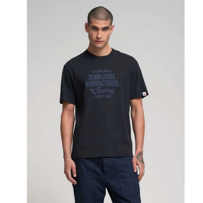 REPLAY COTTON T-SHIRT WITH LETTERING PRINT DARK NAVY