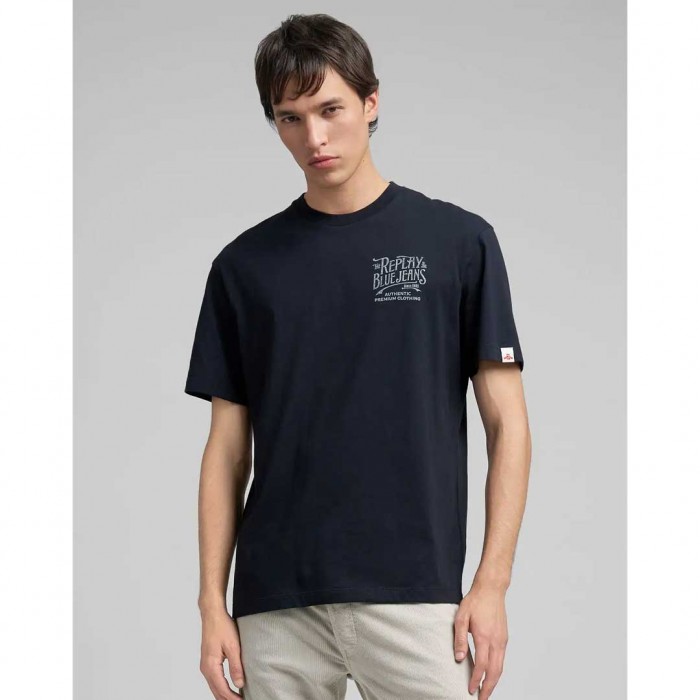 REPLAY JERSEY T-SHIRT WITH DISTRESSED LETTERING BLUE
