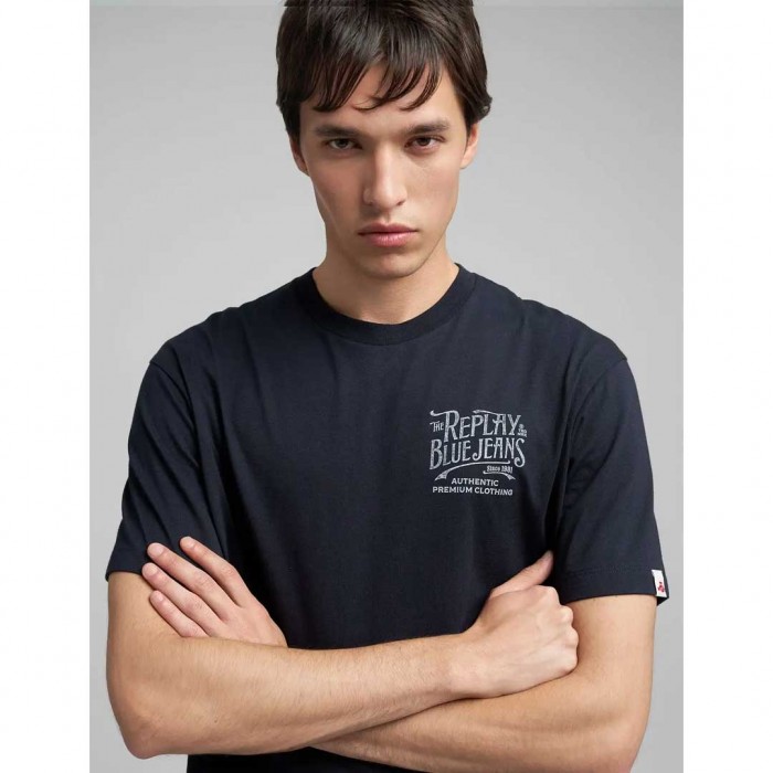 REPLAY JERSEY T-SHIRT WITH DISTRESSED LETTERING BLUE