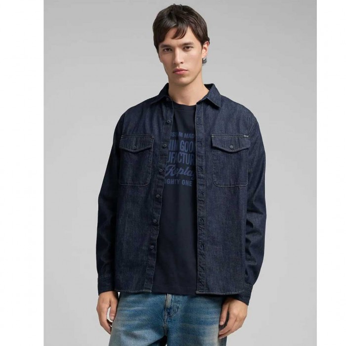 REPLAY RINSED WASH DENIM SHIRT DARK BLUE