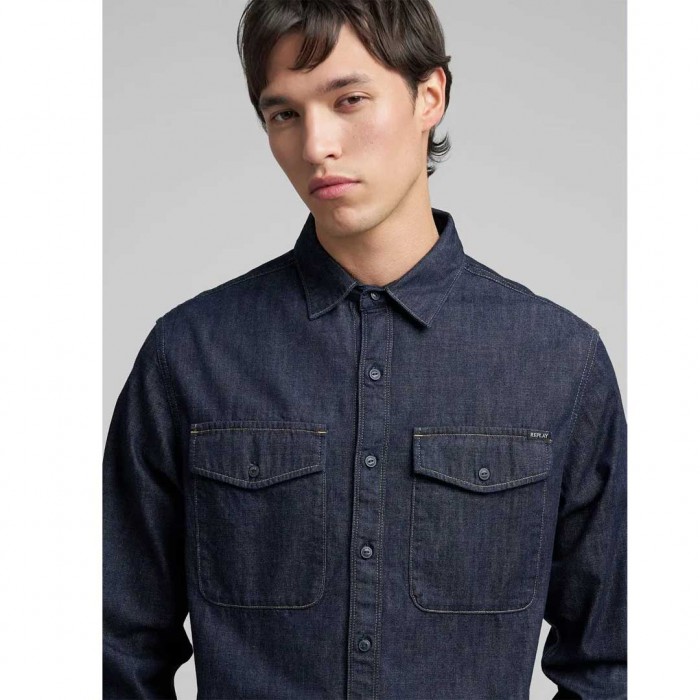REPLAY RINSED WASH DENIM SHIRT DARK BLUE