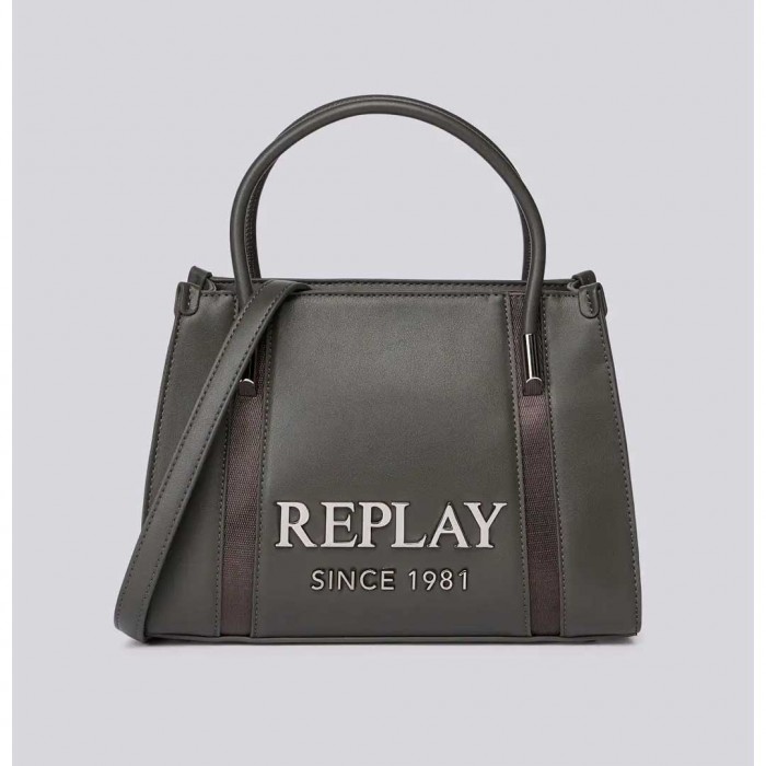 REPLAY BAG WITH SHOULDER STRAP AND LETTERING GREY
