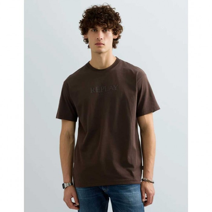 REPLAY MAN REGULAR-FIT T-SHIRT WITH LETTERING LOGO BROWN