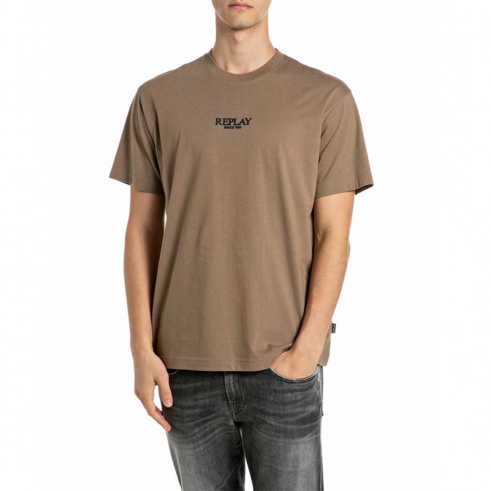 REPLAY MAN REGULAR-FIT T-SHIRT WITH LETTERING LOGO BEIGE