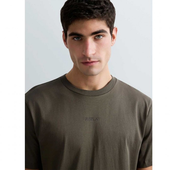 REPLAY JERSEY T-SHIRT WITH LETTERING MUD GREEN