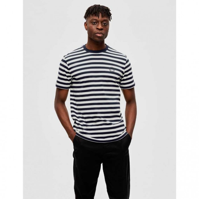 SELECTED SLHRICKY PRINT STRIPE SS O-NECK TEE W BLUE