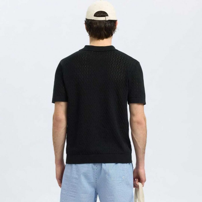 SELECTED CROCHET STYLE KNITTED POLO SHIRT BLACK