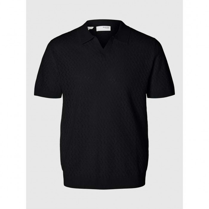 SELECTED CROCHET STYLE KNITTED POLO SHIRT BLACK