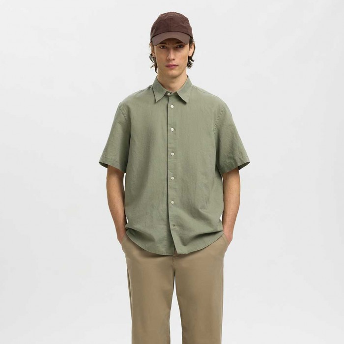 SELECTED SLMREGCLAUS CLAY LINENBLEND SS SHT NOOS GREEN