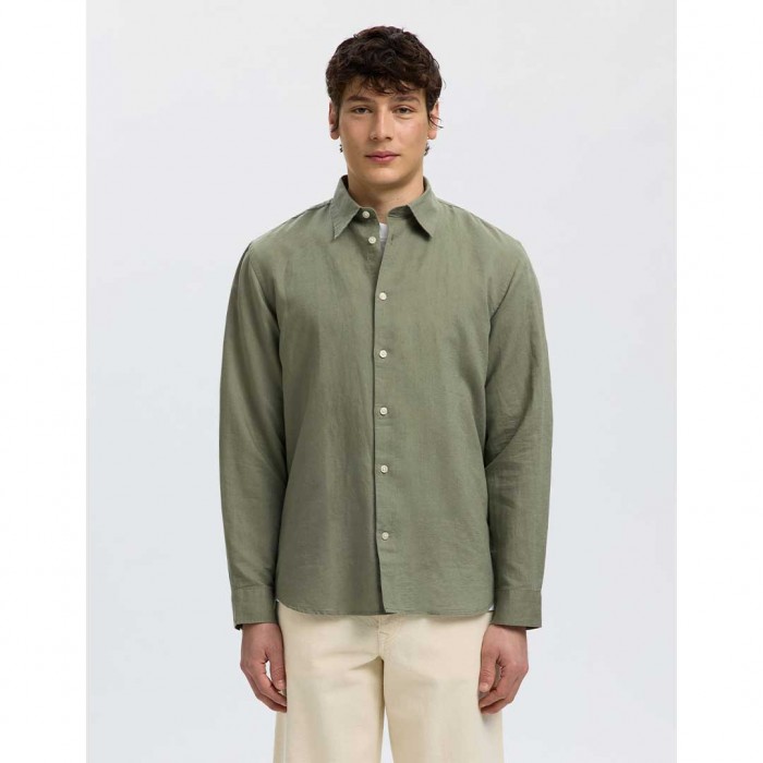 SELECTED SLMREGCLAUS CLAY LINENBLEND LS SHT NOOS GREEN