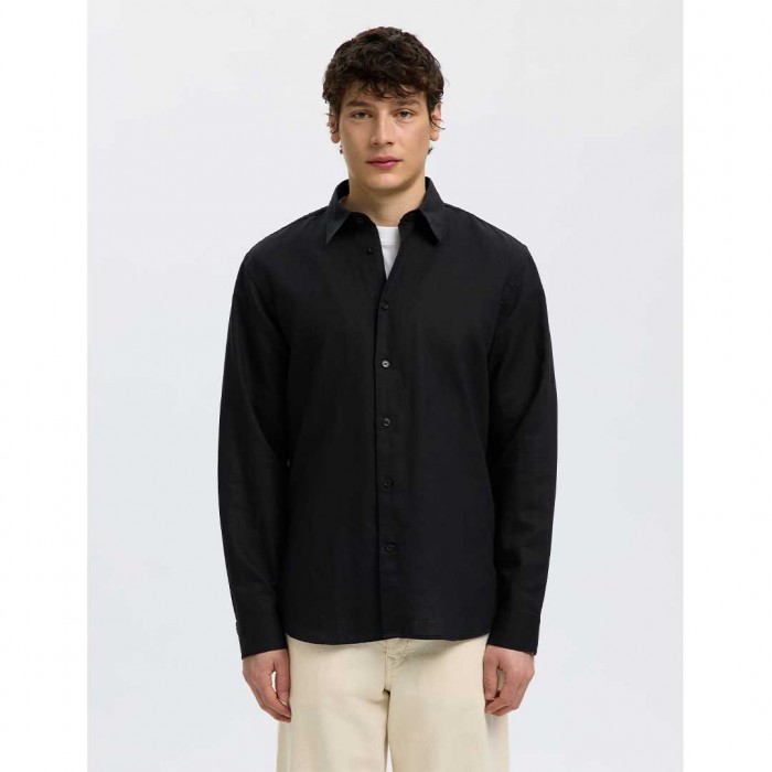SELECTED SLMREGCLAUS CLAY LINENBLEND LS SHT NOOS BLACK
