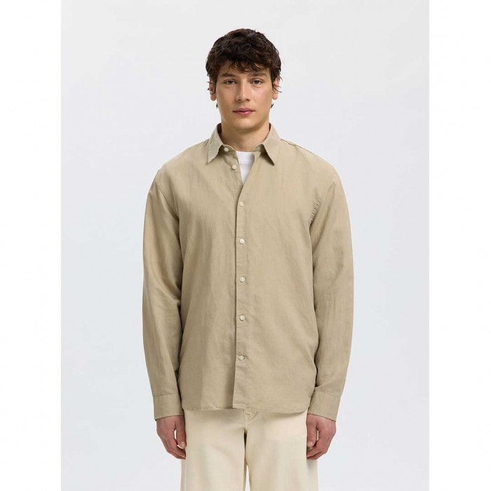 SELECTED SLMREGCLAUS CLAY LINENBLEND LS SHT NOOS BEIGE