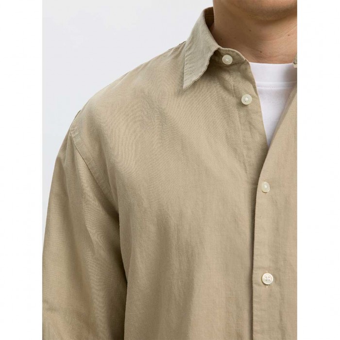 SELECTED SLMREGCLAUS CLAY LINENBLEND LS SHT NOOS BEIGE