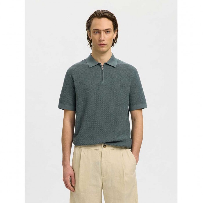 SELECTED SLMCRAN SS KNIT STRUCTURE ZIP POLO NOOS GREEN