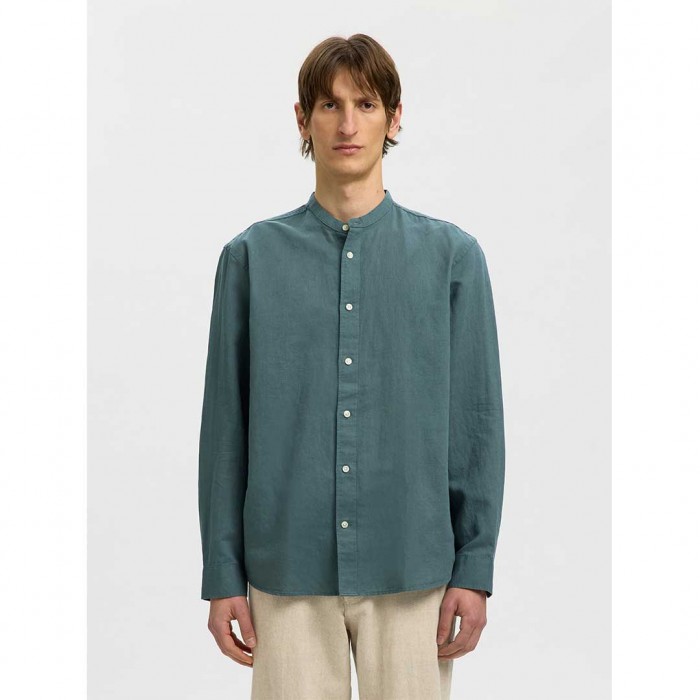 SELECTED SLMREGCLAY LINENBLEND LS SHIRT BAND NOOS BALSAM GREEN