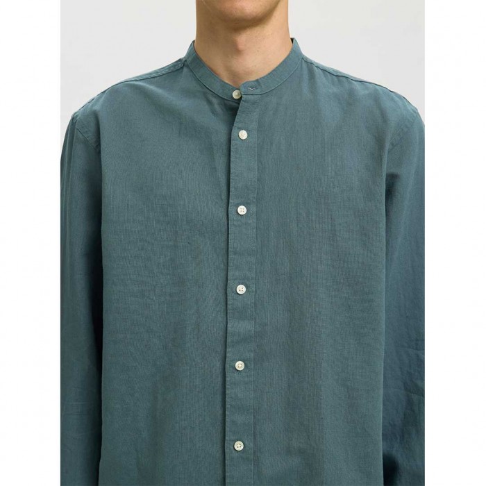 SELECTED SLMREGCLAY LINENBLEND LS SHIRT BAND NOOS BALSAM GREEN