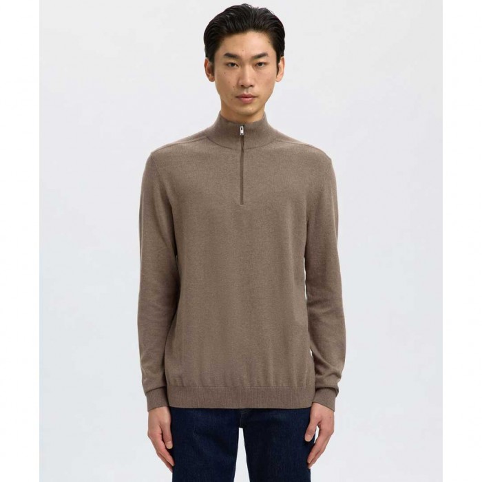 SELECTED HALF-ZIP KNITTED JUMPER TEAK