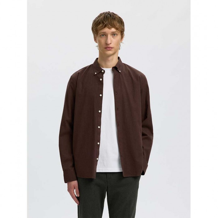 SELECTED SLMREGCOLE JAY MELANGE LS SHIRT NOOS BROWN