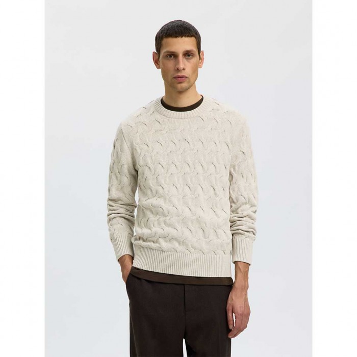 SELECTED SLMCARLOS LS CABLE CREW NECK NOOS ECRU