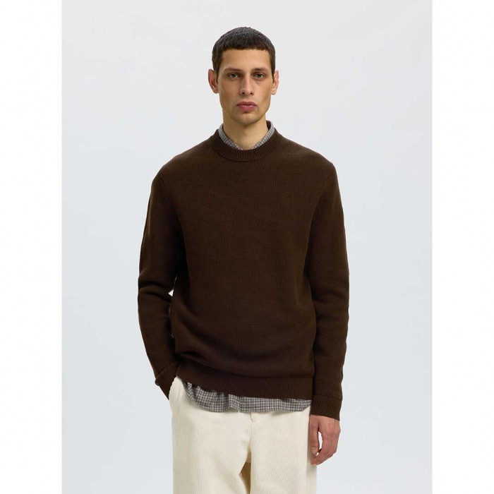 SELECTED SLMDANE LS KNIT REG STRUC CREW NECK NOOS BROWN