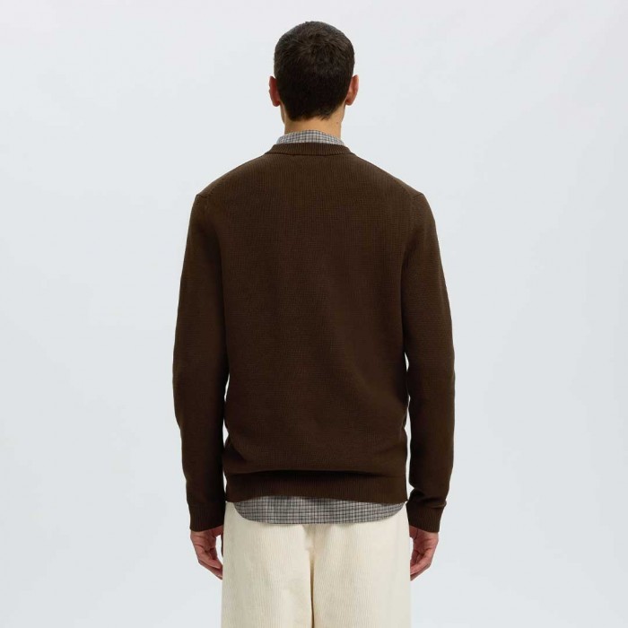SELECTED SLMDANE LS KNIT REG STRUC CREW NECK NOOS BROWN