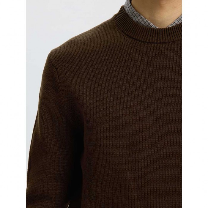 SELECTED SLMDANE LS KNIT REG STRUC CREW NECK NOOS BROWN