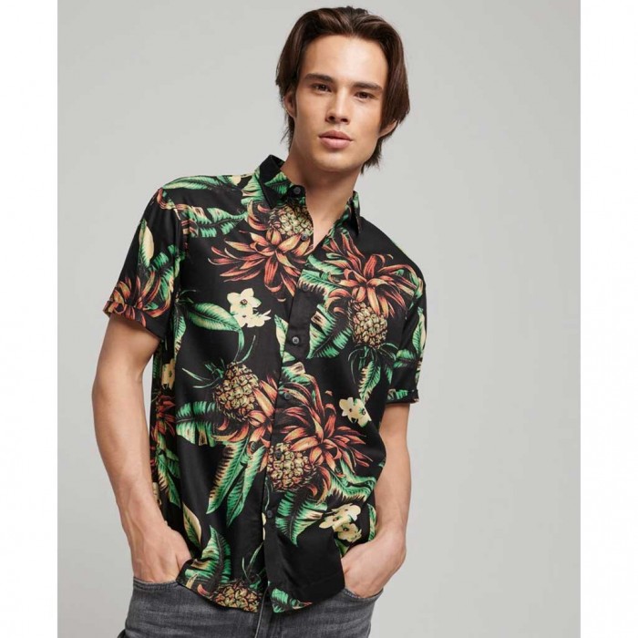 SUPERDRY Short Sleeve Hawaiian Shirt BLACK PINEAPPLES