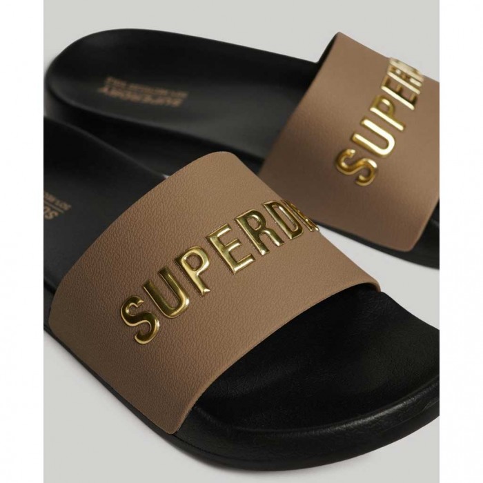 SUPERDRY Vegan Logo Pool Sliders  Black/fossil Brown/metallic Gold