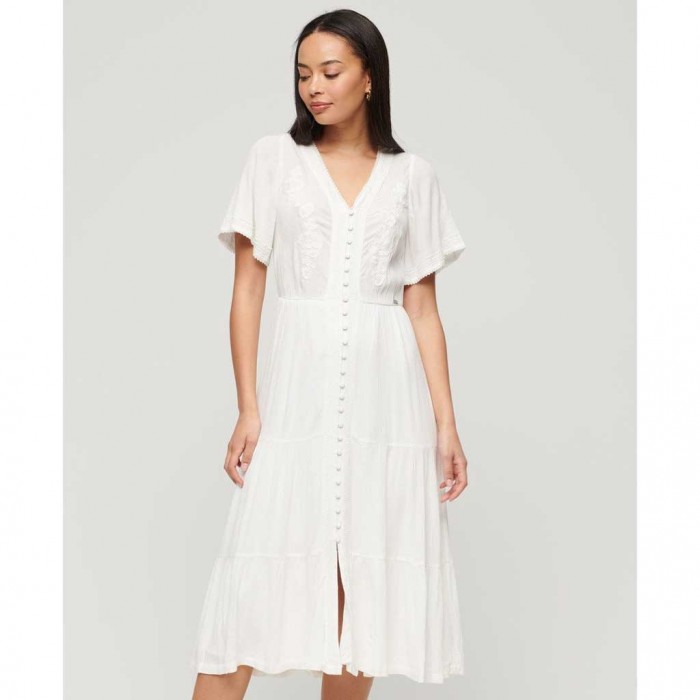 SUPERDRY Embroidered Tiered Midi Dress WHITE