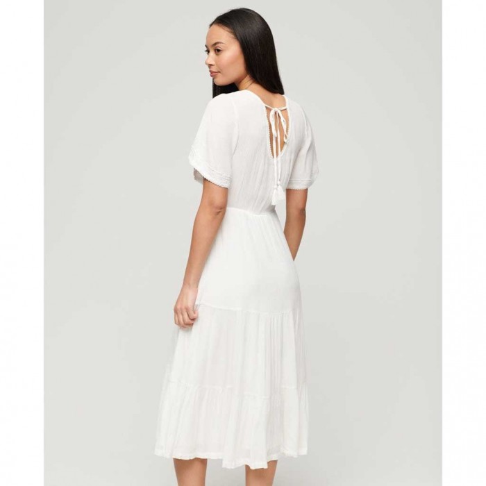 SUPERDRY Embroidered Tiered Midi Dress WHITE