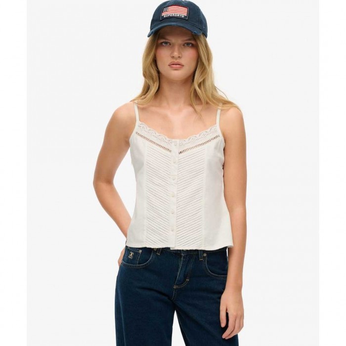 SUPERDRY Lace Button Through Cami Top WHITE