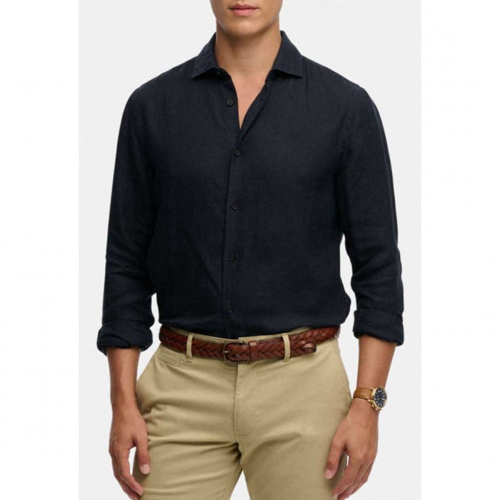 SUPERDRY Long Sleeve Linen Shirt in Regular Fit Riviera BLUE