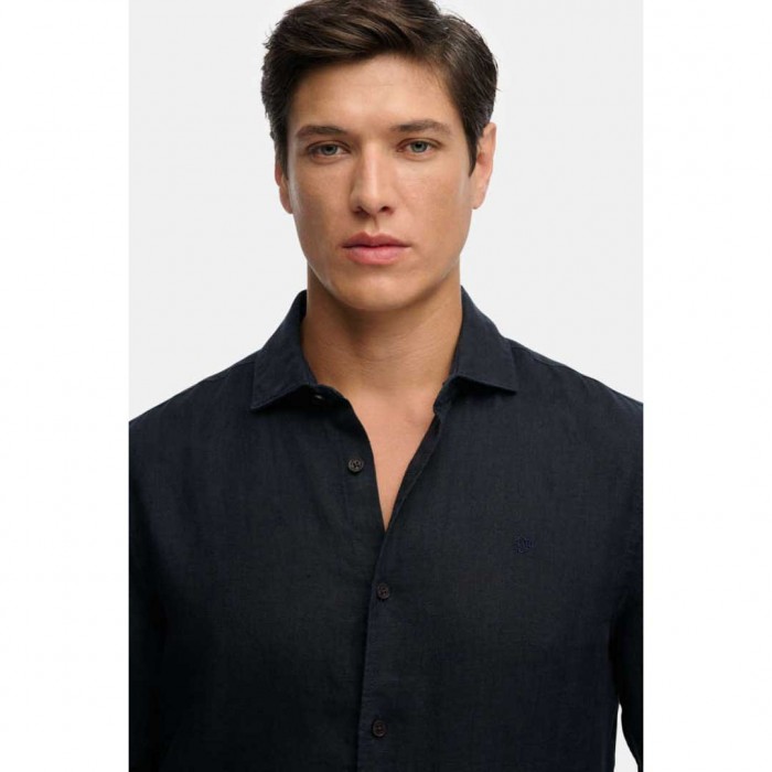 SUPERDRY Long Sleeve Linen Shirt in Regular Fit Riviera BLUE