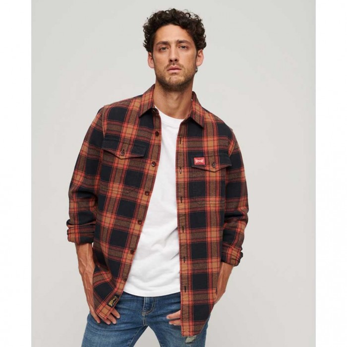 SUPERDRY Organic Cotton Worker Check Shirt ORANGE/BLACK