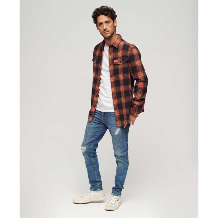 SUPERDRY Organic Cotton Worker Check Shirt ORANGE/BLACK