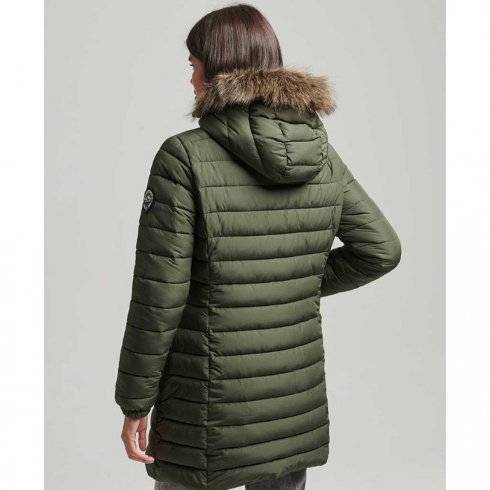 SUPERDRY Faux Fur Hooded Mid Length Puffer Jacket GREEN