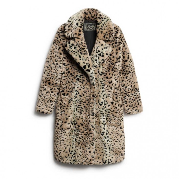 SUPERDRY Vintage Long Faux Fur Coat ANIMAL