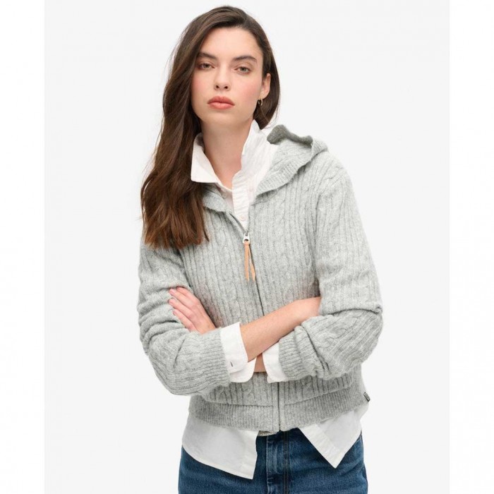 SUPERDRY Cable Knit Zip Up Hoodie GREY