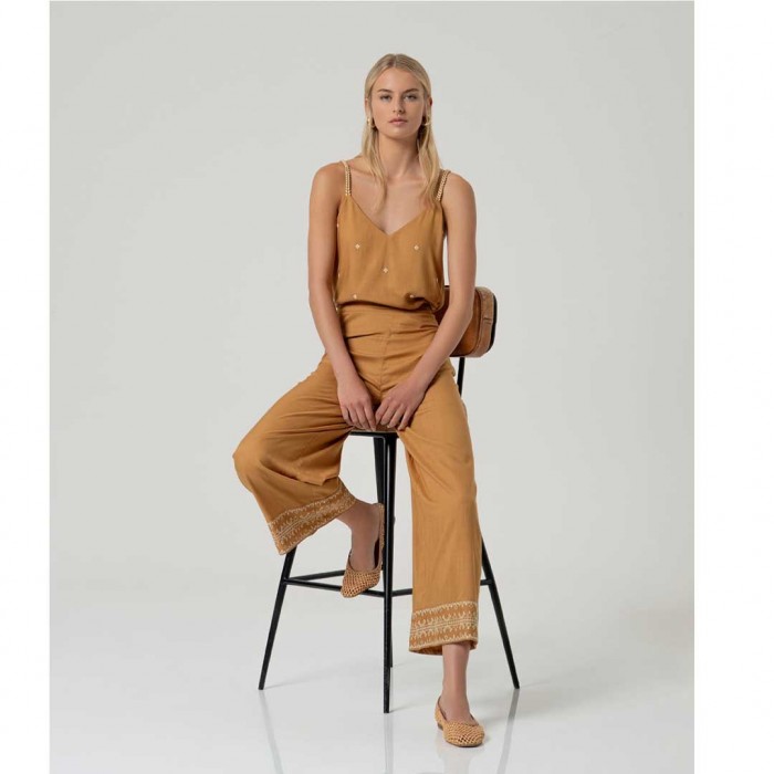 SURKANA Camel-colored embroidered wide-leg trousers