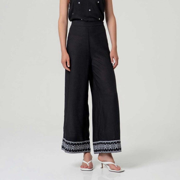 SURKANA Wide-leg trousers with embroidered hem BLACK