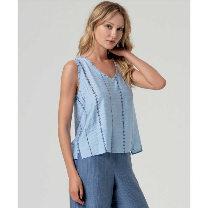SURKANA Embroidered top with straps and micro-ruffle LIGHT BLUE