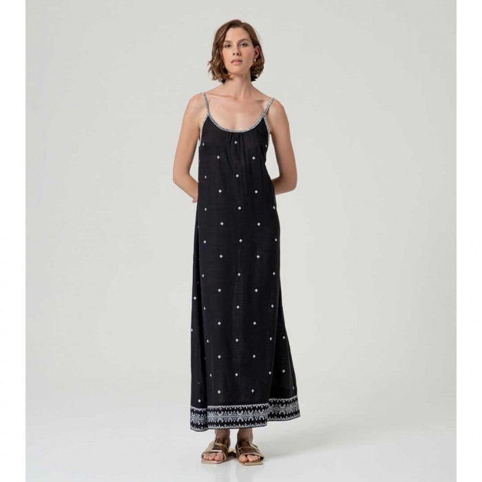 SURKANA Long embroidered dress with straps BLACK