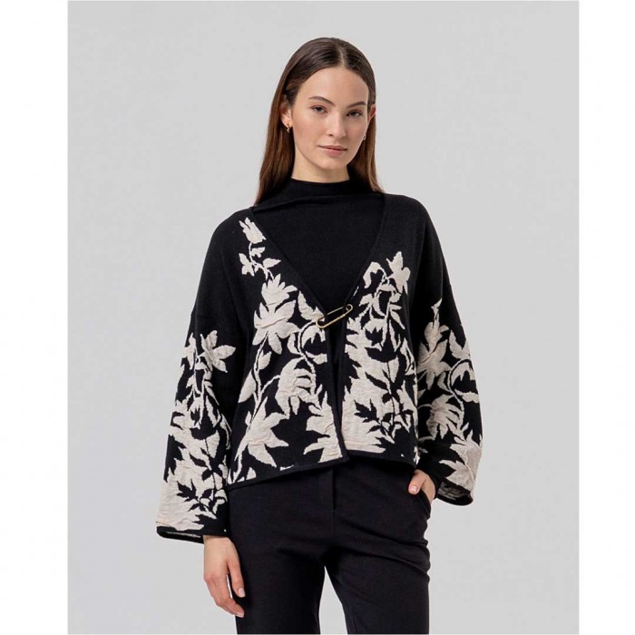 SURKANA WOMAN Short knitted kimono with jacquard pattern BLACK/WHITE