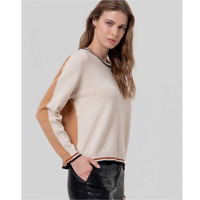 SURKANA WOMAN Round-neck jumper with contrasts Ecru